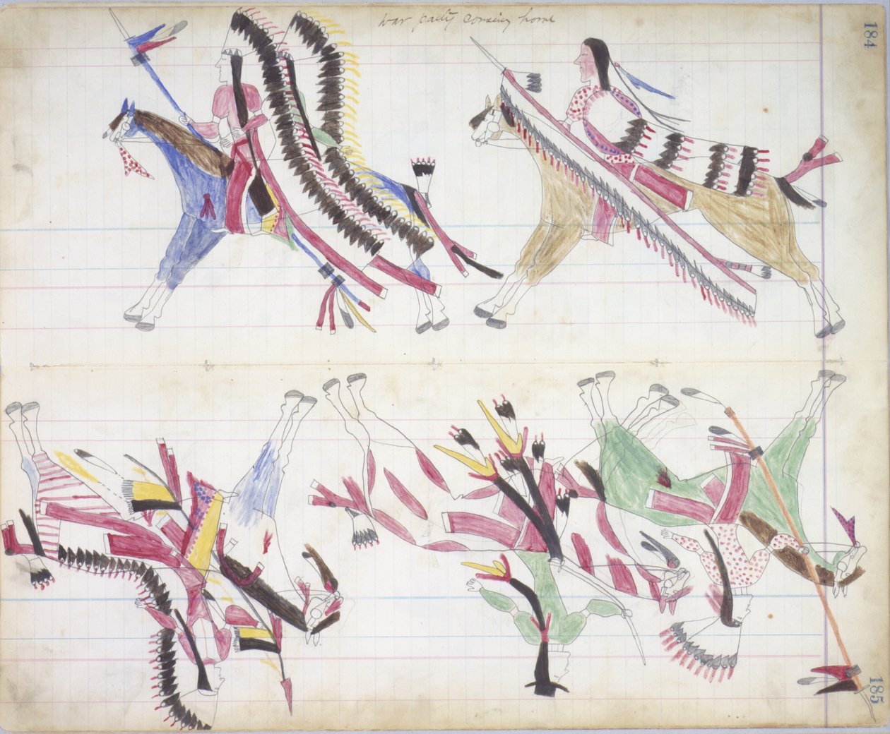Partie de guerre rentrant à la maison, illustration du Black Horse Ledger, 1877-79 - American School