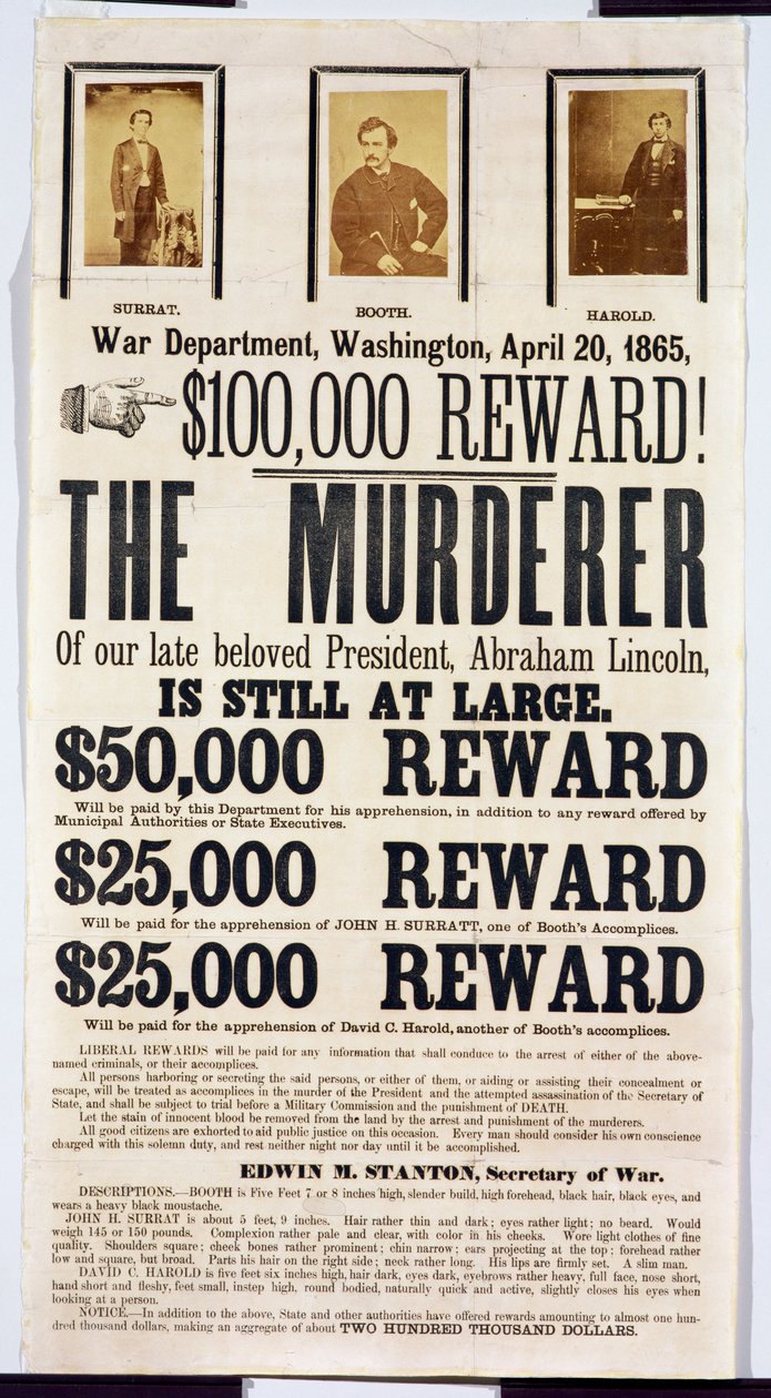 Affiche du Département de la Guerre de Washington annonçant une récompense de 100 000 $ pour retrouver l