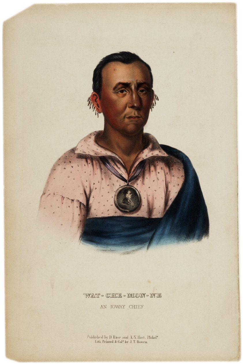 Wat-Che-Mon-Ne, chef Ioway, gravure réalisée par J. T. Bowen, illustration de The History of the Indian Tribes of North America par Thomas L. McKenney et James Hall, vers 1842-1870 - American School