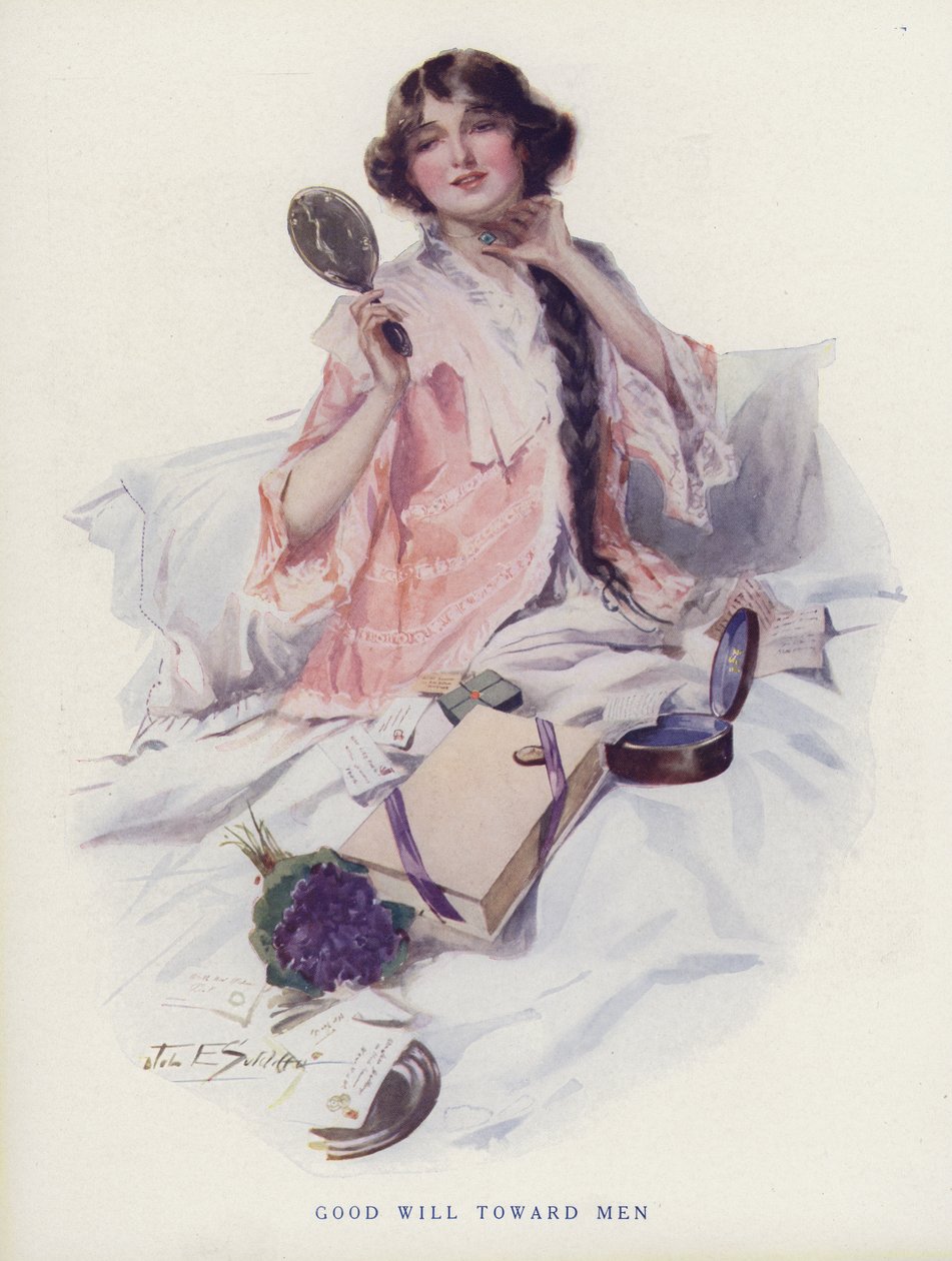 Femme regardant les cadeaux de ses admirateurs masculins (lithographie couleur) - American School