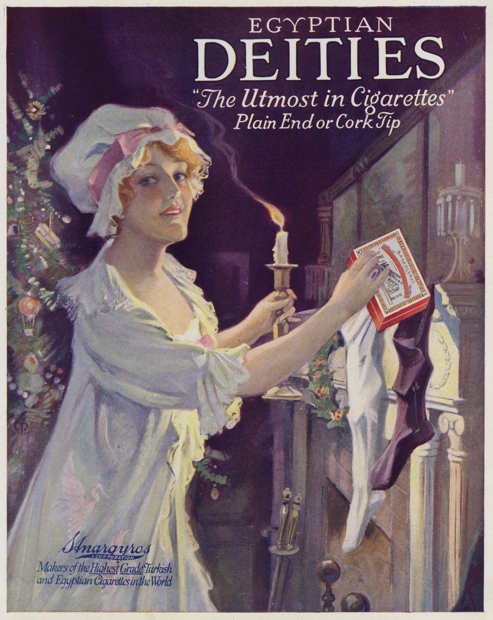 Femme mettant des cigarettes dans un bas de Noël, publicité pour les cigarettes des divinités égyptiennes (litho couleur) - American School