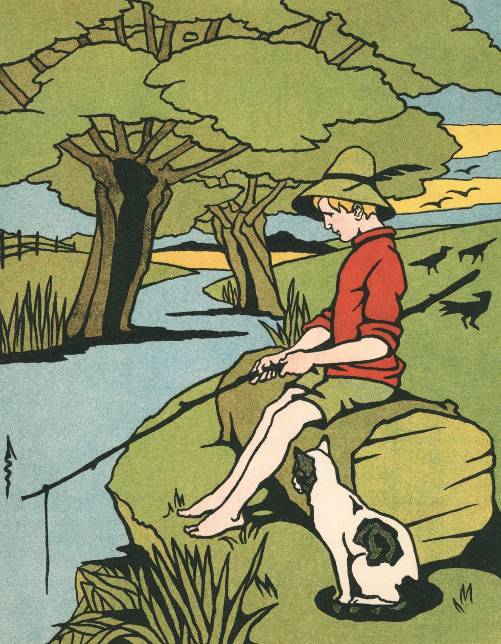 Jeune garçon pêchant dans une rivière avec son chat - American School
