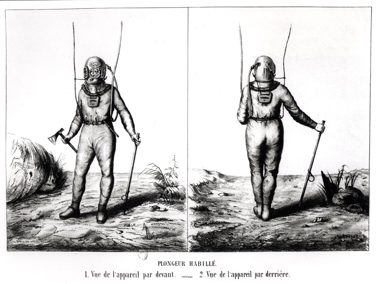 Plongeur en haute mer, illustration de Scaphandre, Appareil de Plongeur Cabirol, par Joseph-Martin Cabirol, publié à Paris en 1855 - Amicar de Lafage