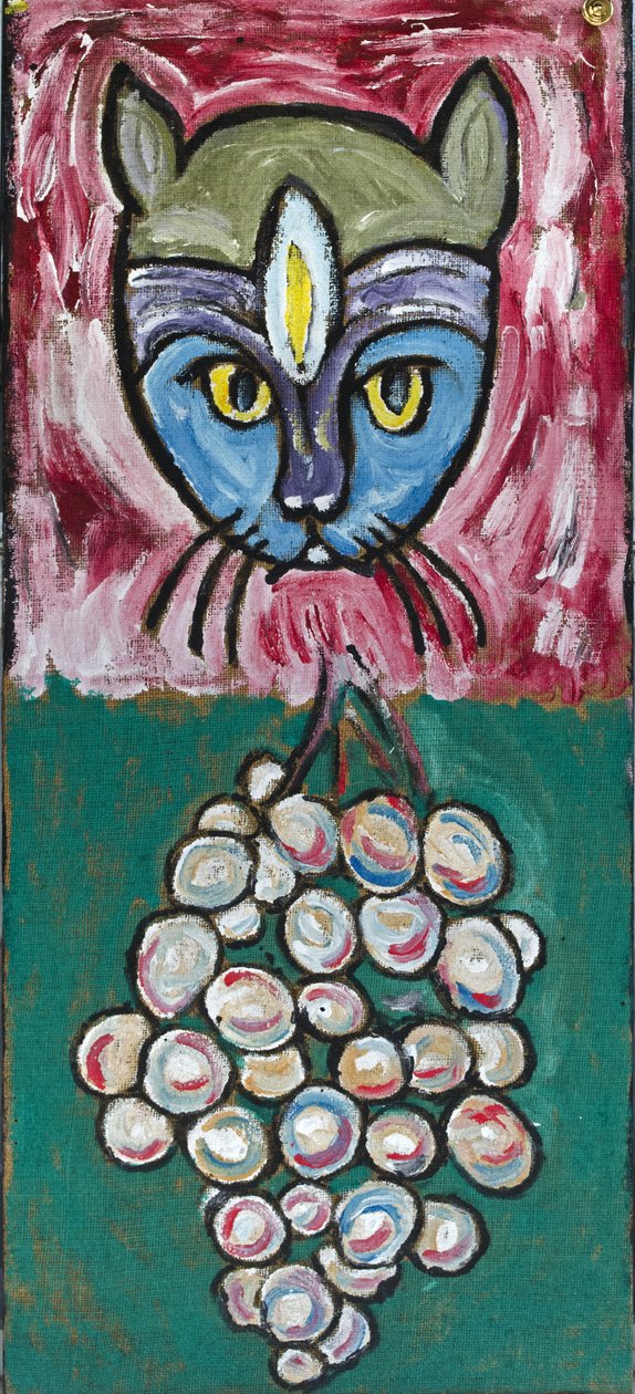DAILY ART : CAT AND GRAPES, 2012 (acrylique sur toile de jute tendue sur un cadre en bois) - Ando Gilardi