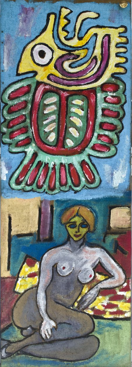 FIGURE MYTHOLOGIQUE ET FEMME NUE, 2012 (acrylique sur toile de jute tendue sur un cadre en bois). - Ando Gilardi