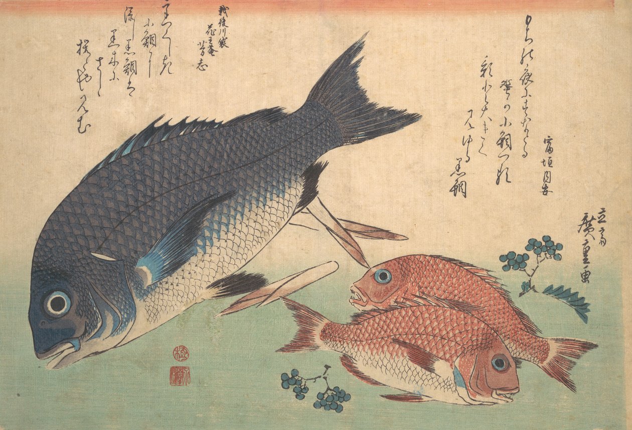 Kurodai et Kodai avec pousses de bambou et baies, de la série Uozukushi Every V..., années 1830 - Ando Hiroshige