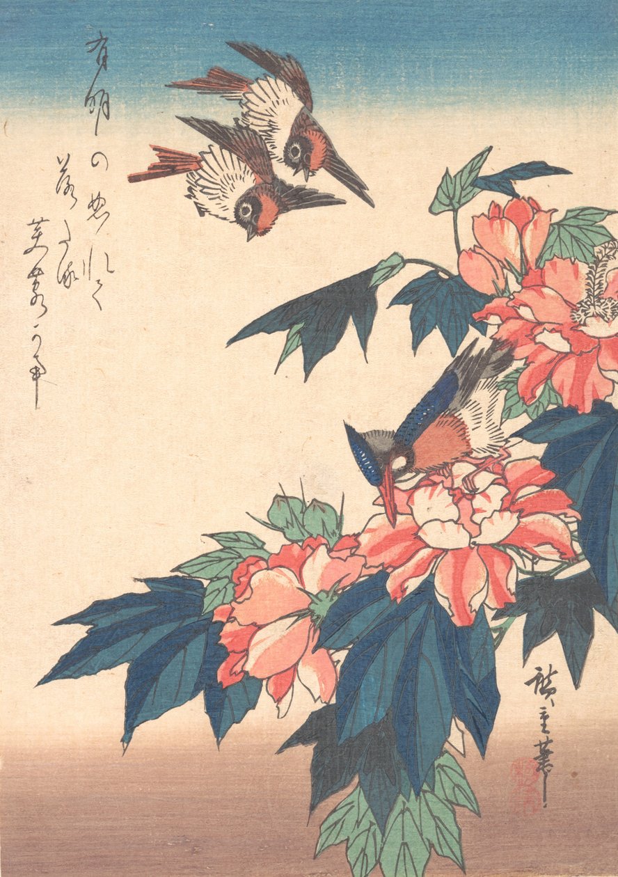 Hirondelles et Martin-pêcheur avec Roses Trémières - Ando Hiroshige