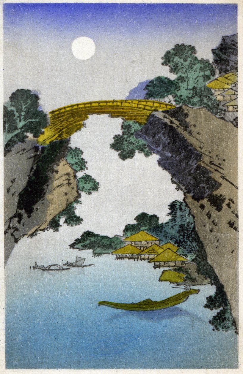 Géographie. Japon. Pont. Gravure sur bois par Hiroshige dans : Cinquante-trois stations du Tokaido (1833-1834). Carte postale, Japon, vers 1900 - Ando or Utagawa (after) Hiroshige