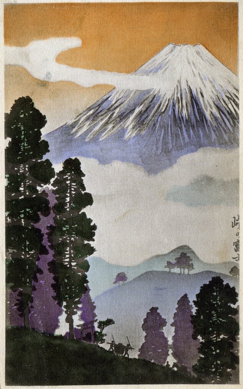 Géographie. Japon. Mont Fuji. Gravure sur bois par Hiroshige dans : Cinquante-trois stations du Tokaido (1833-1834). Carte postale, Japon, vers 1900 - Ando or Utagawa (after) Hiroshige