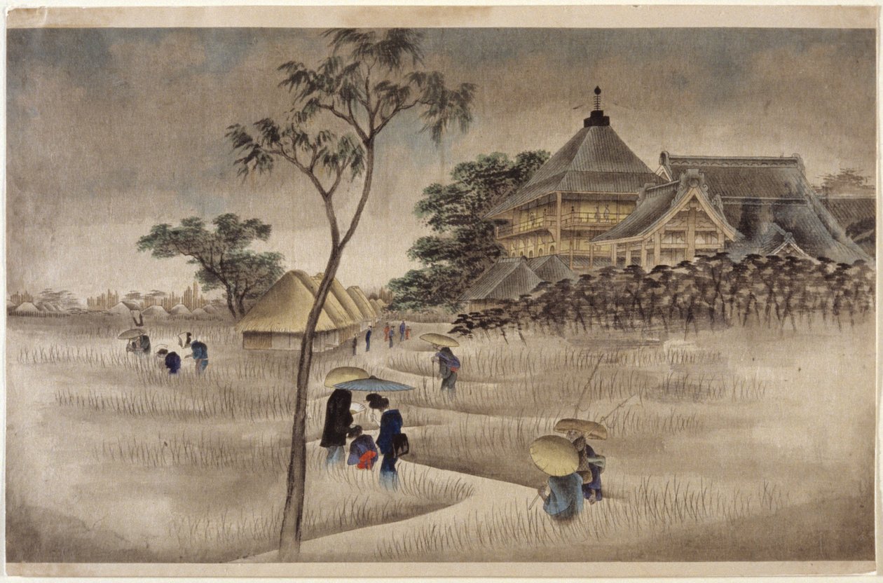 (Grand bâtiment avec huttes en dessous) - Ando or Utagawa Hiroshige