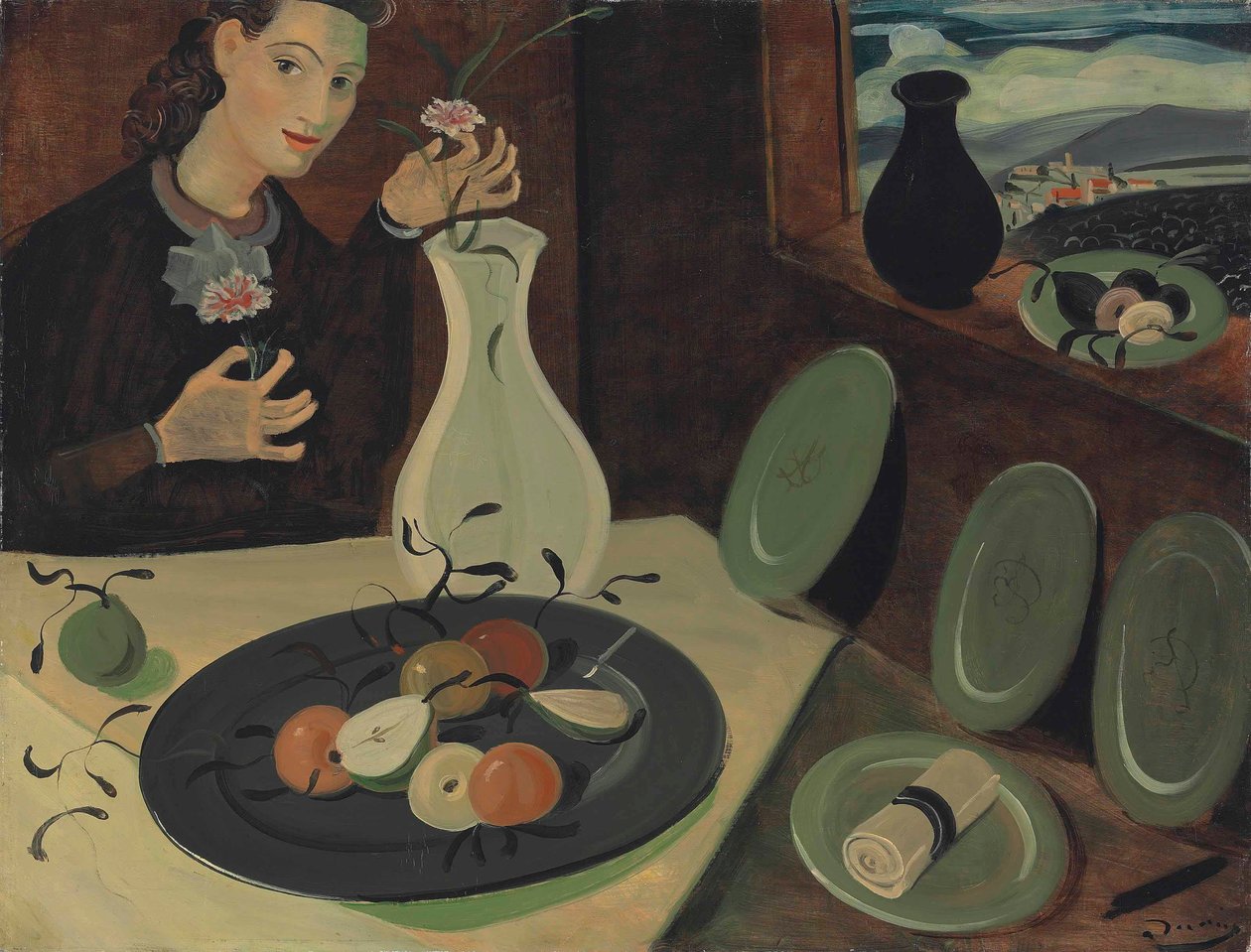 Assiette de fruits et femme disposant des fleurs dans un vase - Andre Derain