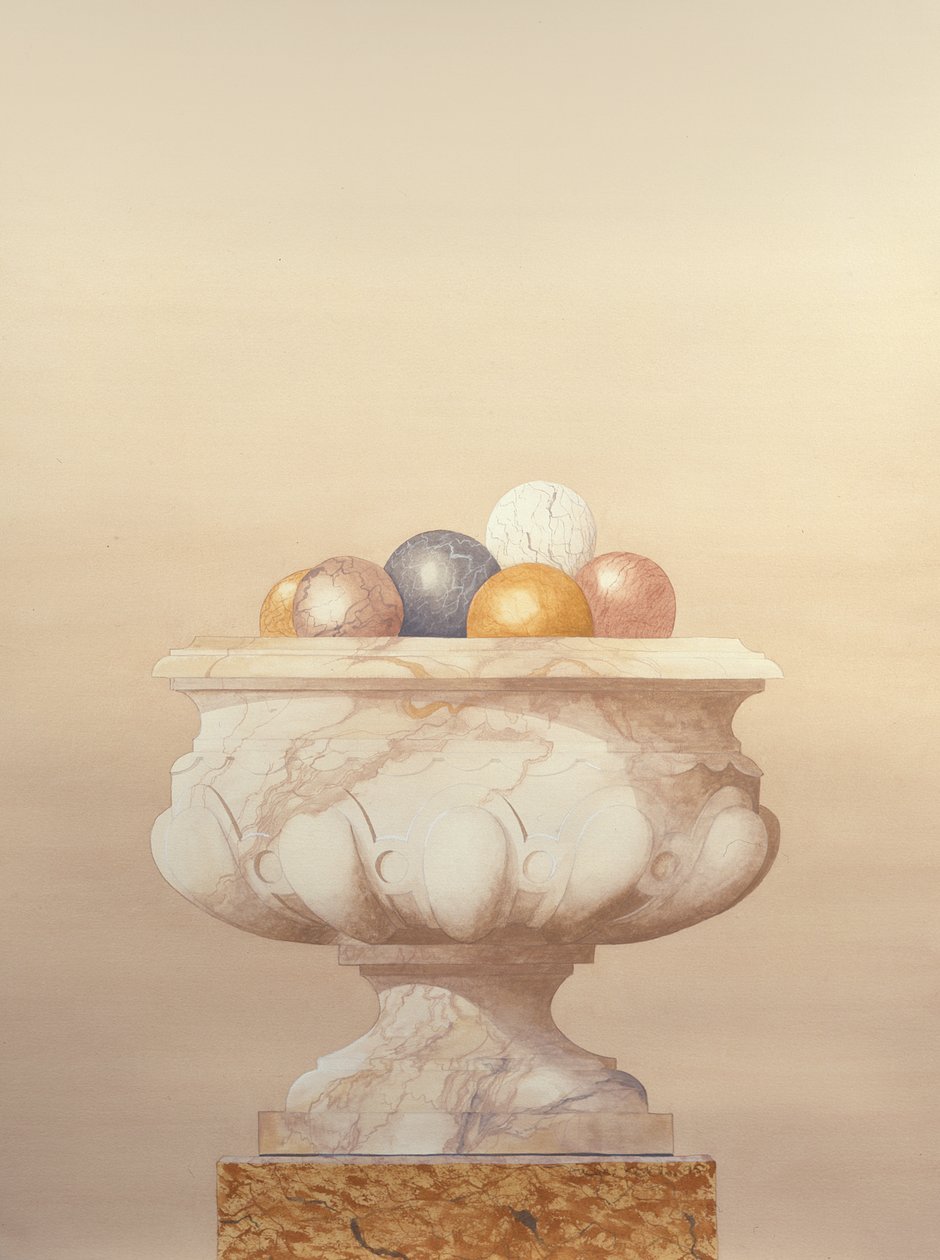 Vase en marbre blanc avec six boules de marbre - Andras Kaldor