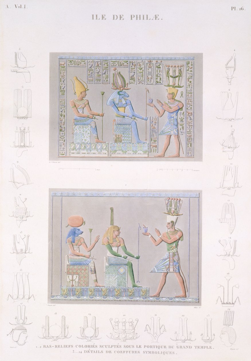 Bas-reliefs colorés sculptés sur le portique du Grand Temple avec des détails des symboles, l