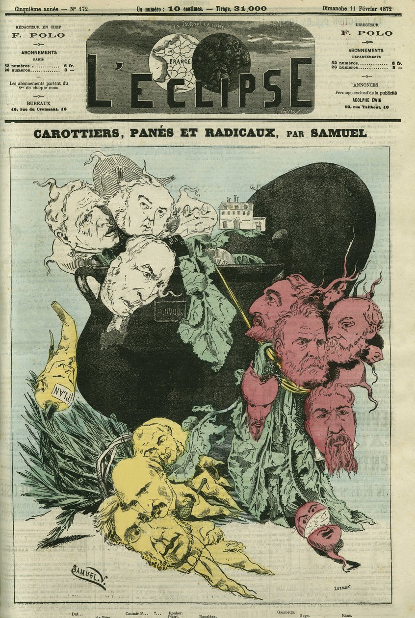 Carottes, poireaux et radicaux, les différents partis politiques en légumes dans le pot du pouvoir. Dessin remplaçant la caricature de Gill, censurée. Couverture de « L