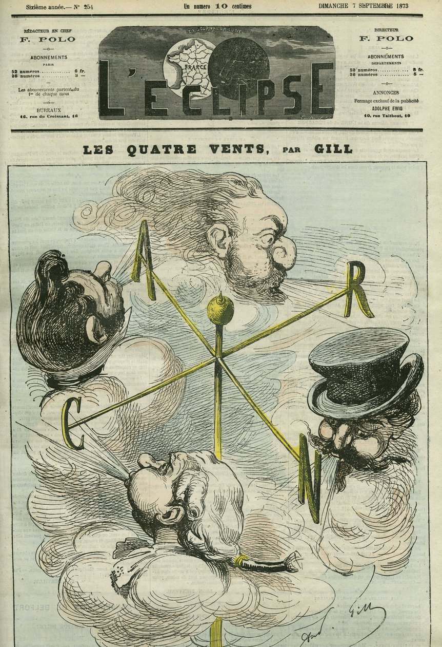 Caricature « Les Quatre Vents », symbolisant les quatre partis politiques. Couverture dans « L