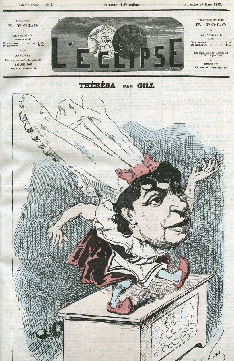 Caricature par Emma Valendon dite Thérèsa (1837-1913), chanteuse populaire française. Couverture dans « L