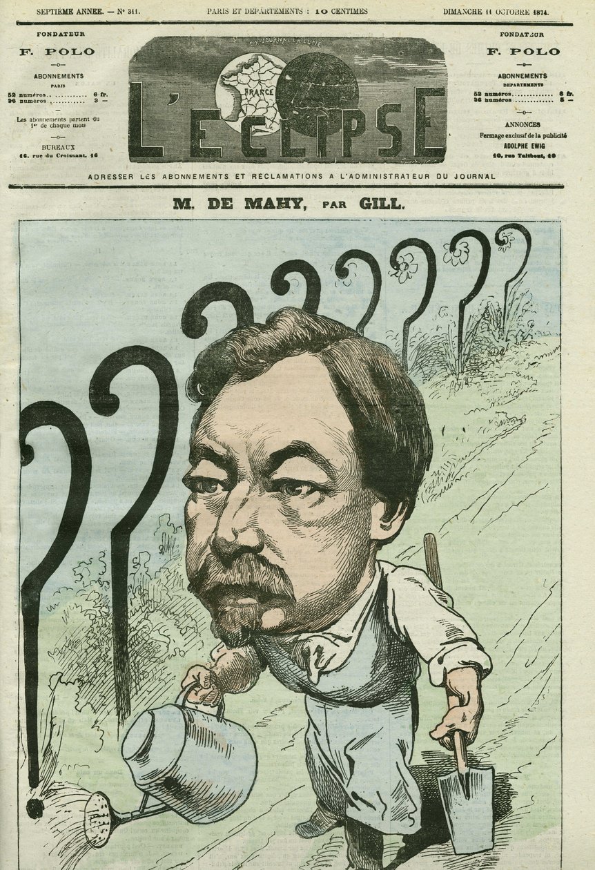 Caricature de François Césaire de Mahy (1830-1906), médecin, journaliste et homme politique français. Couverture dans L
