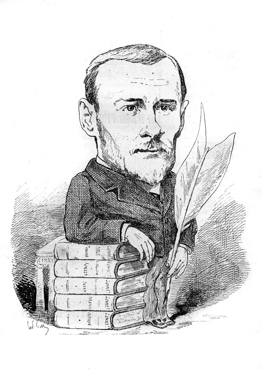 Caricature de Georges Ohnet (1848-1918), écrivain français représenté avec ses livres et sa plume. Dessin d