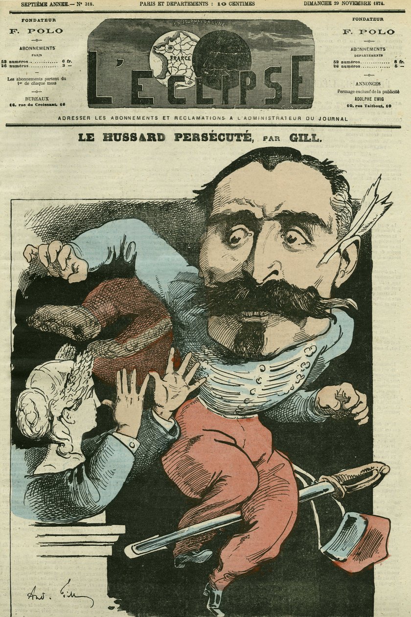 Caricature "le hussard persécute (par Marianne lui faisant son nez), Monsieur de Saint-Genest (Saint Genest). Couverture de "L