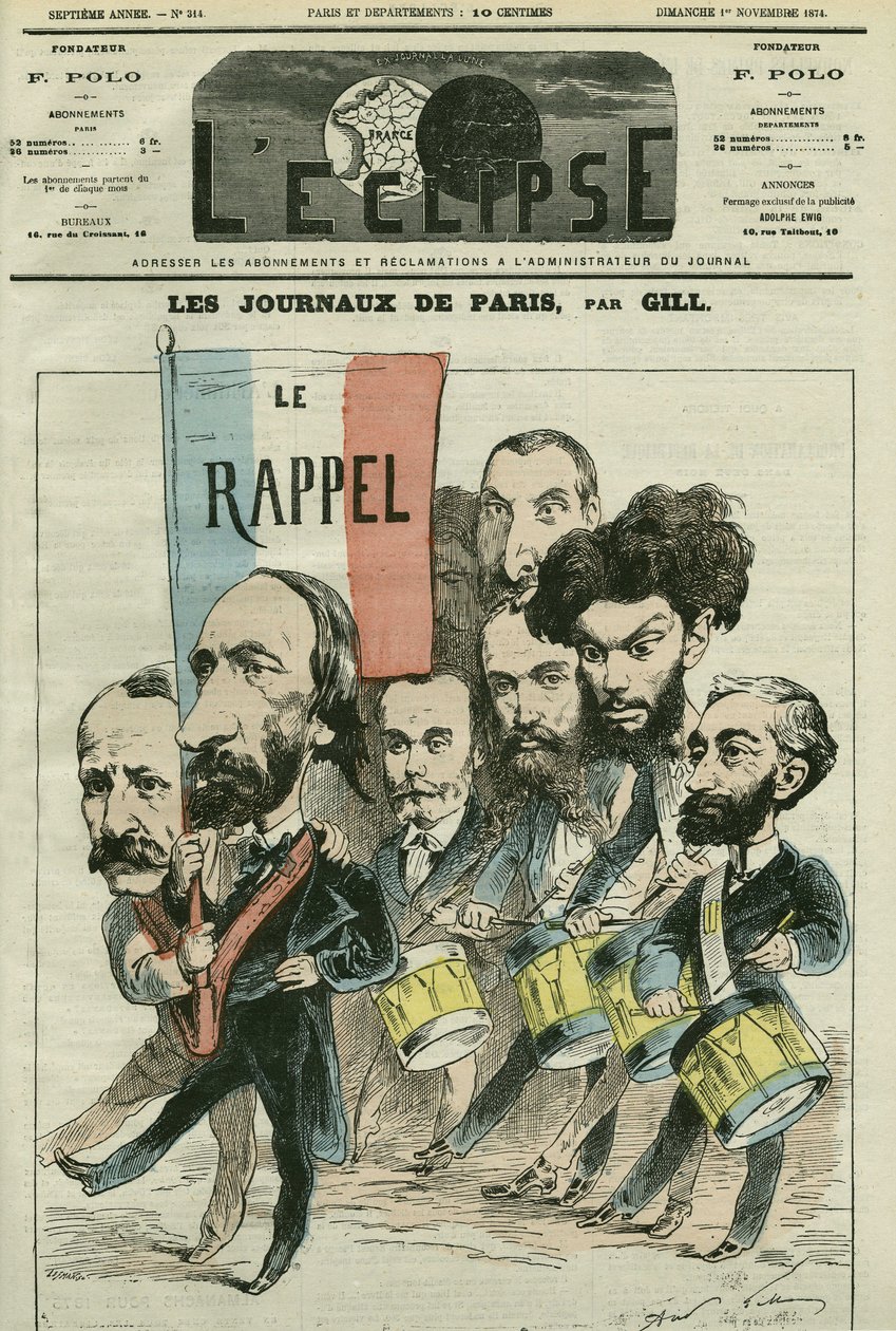 Caricature « le rappel » de la République par les journaux parisiens, avec Paul Meurice, Auguste Vacquerie, Gaulier, Blum, Lefevre, D