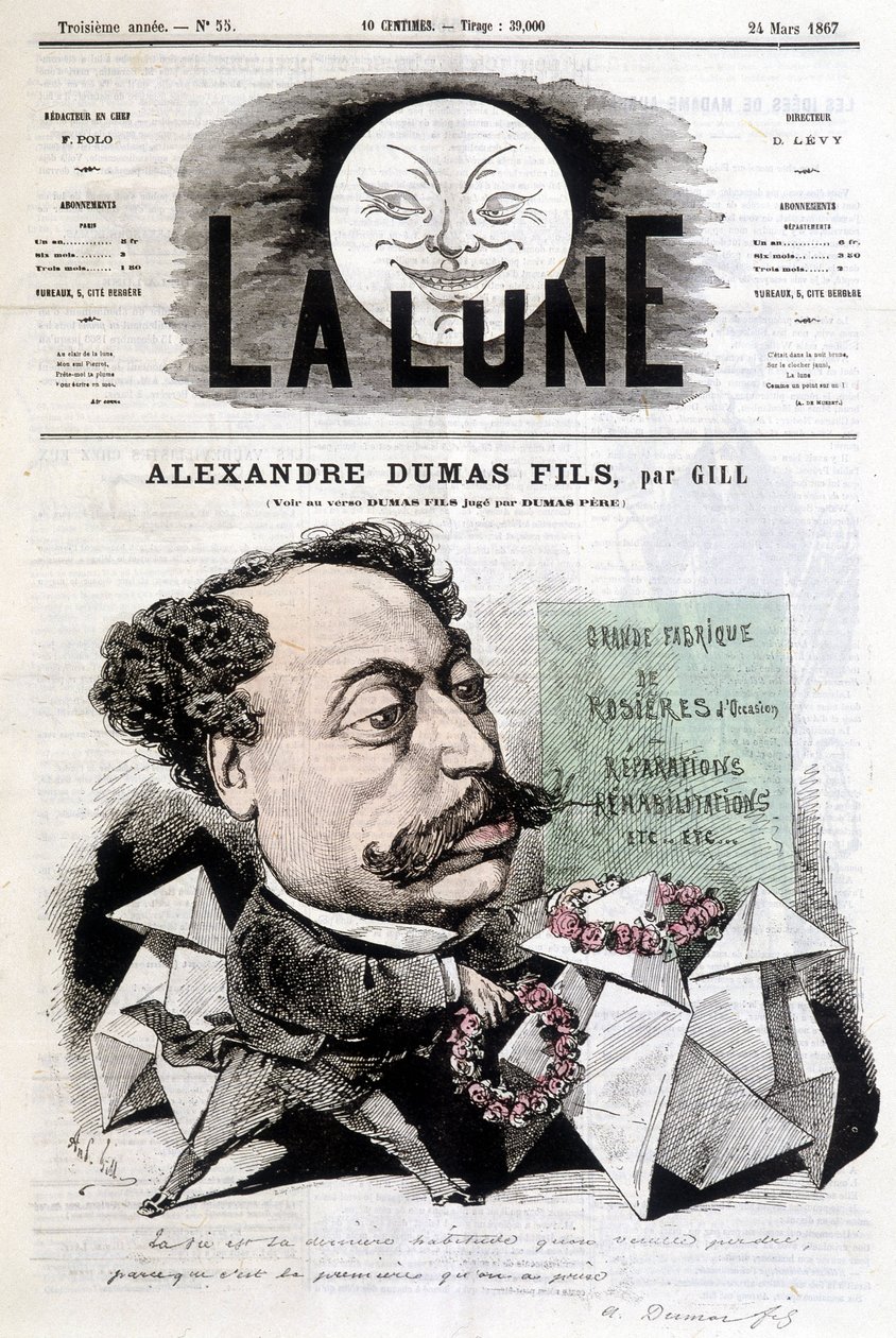 Dessin comique sur Alexandre Dumas Fils par Gill. Couverture de « La Lune » du 24/03/1867 - Andre Gill