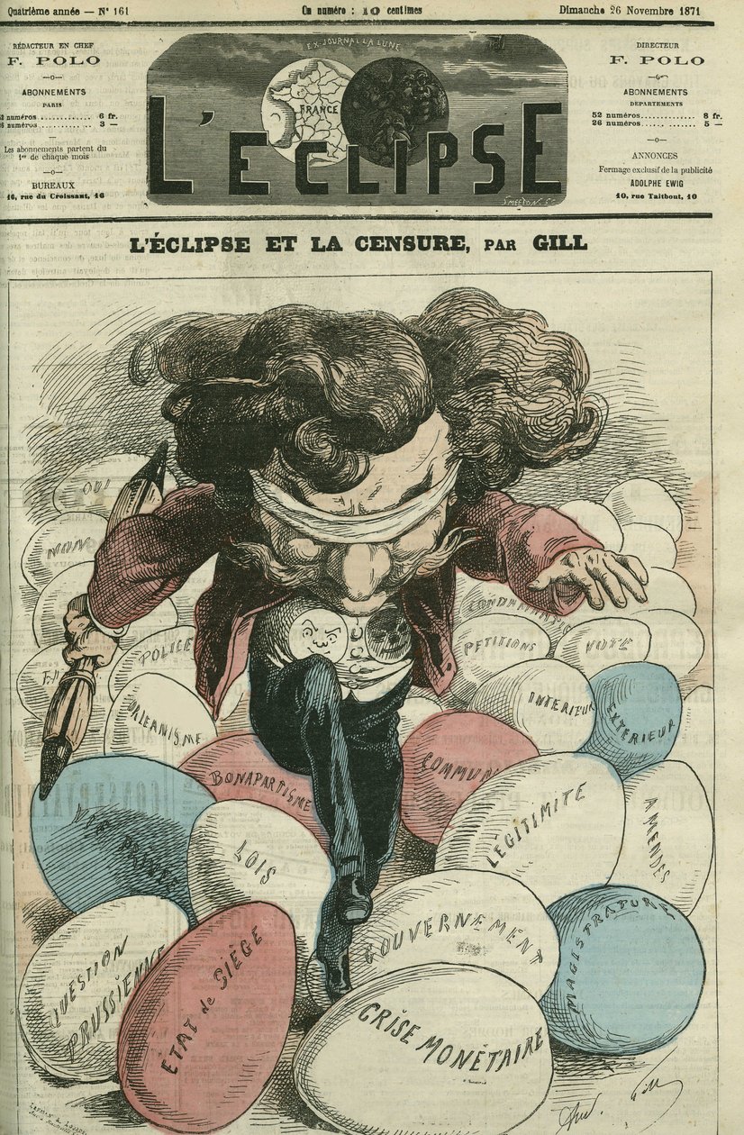 Éclipse et censure, une illustration de Gill marchant sur des œufs. Couverture dans « L