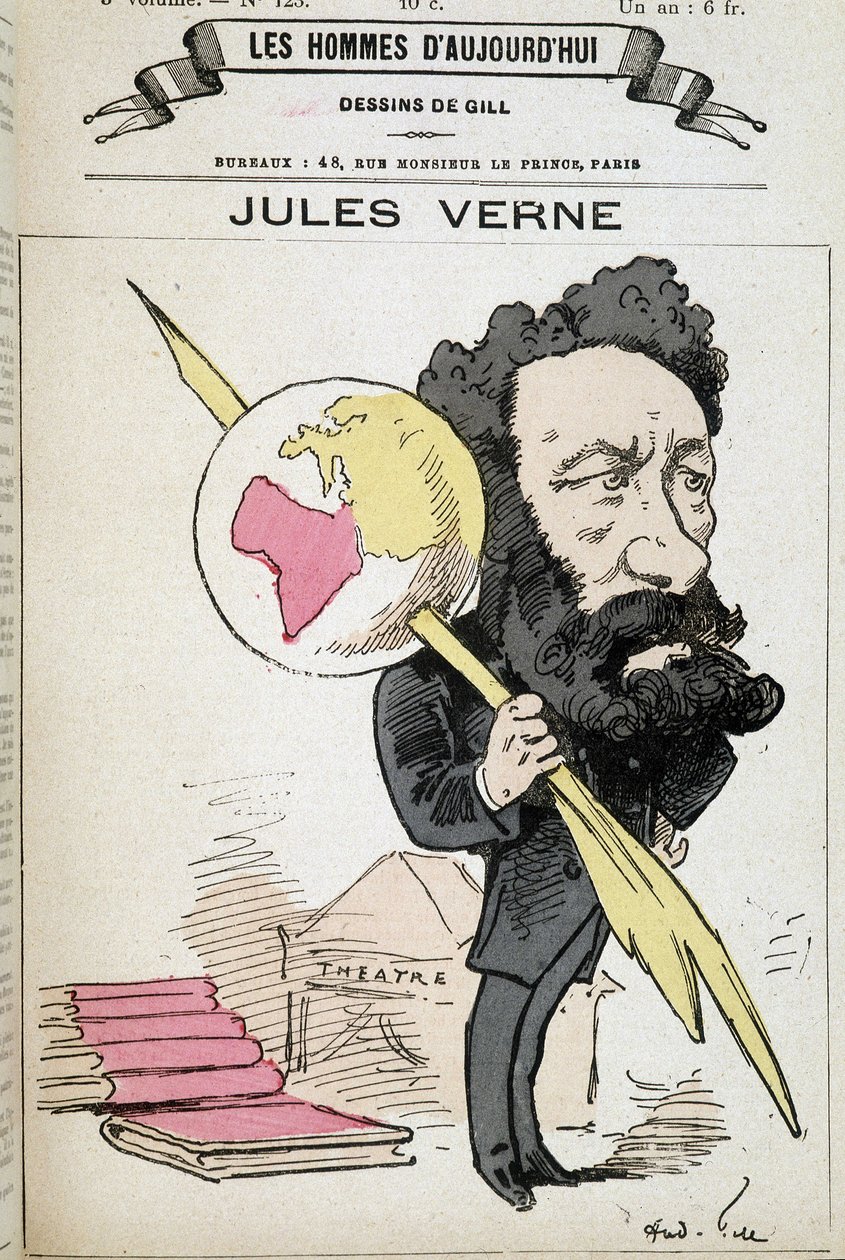 Jules Verne pinçant la terre à sa plume - par Gill, dans "Les hommes d