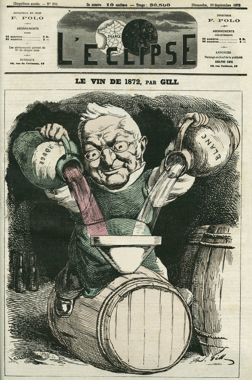 Le vin de 1872, illustration par Adolphe Thiers mélangeant vin blanc et vin rouge (1797-1877), historien et homme d