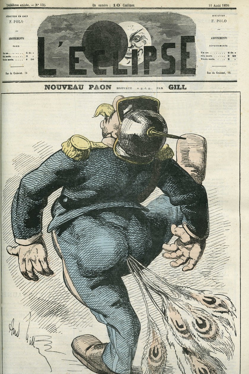 Nouveau Paon, caricature de Guillaume I (1797-1888), vainqueur de la guerre franco-prussienne. Couverture dans L