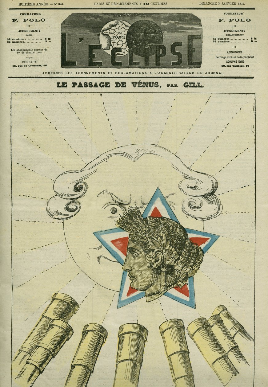Passage de Vénus (la République) devant le soleil (la Monarchie) en 1874. Couverture dans « L