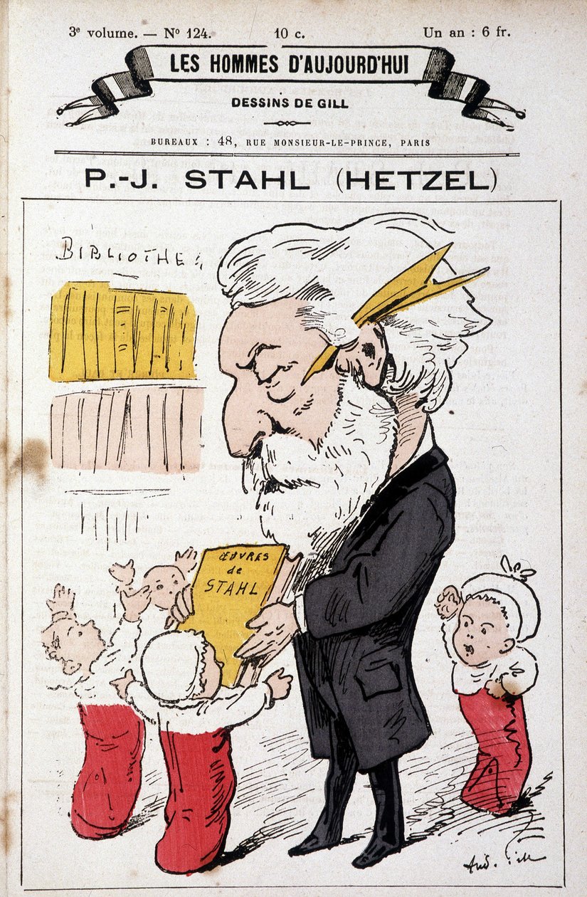 Portrait-charge de Pierre Jules Hetzel offrant les œuvres de Stahl (son pseudonyme) aux tout-petits, « Les Hommes d