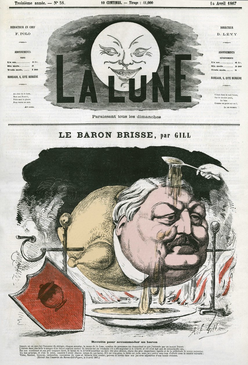 Portrait du Baron Brisse (1813-1876), journaliste gastronomique français. Caricature par Gill, dans "La Lune", 14 avril - Andre Gill