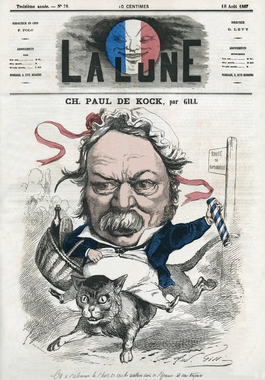 Portrait de Charles Paul de Kock (1793-1871), romancier populaire français. Caricature de Gill, dans « La Lune », 18 août - Andre Gill