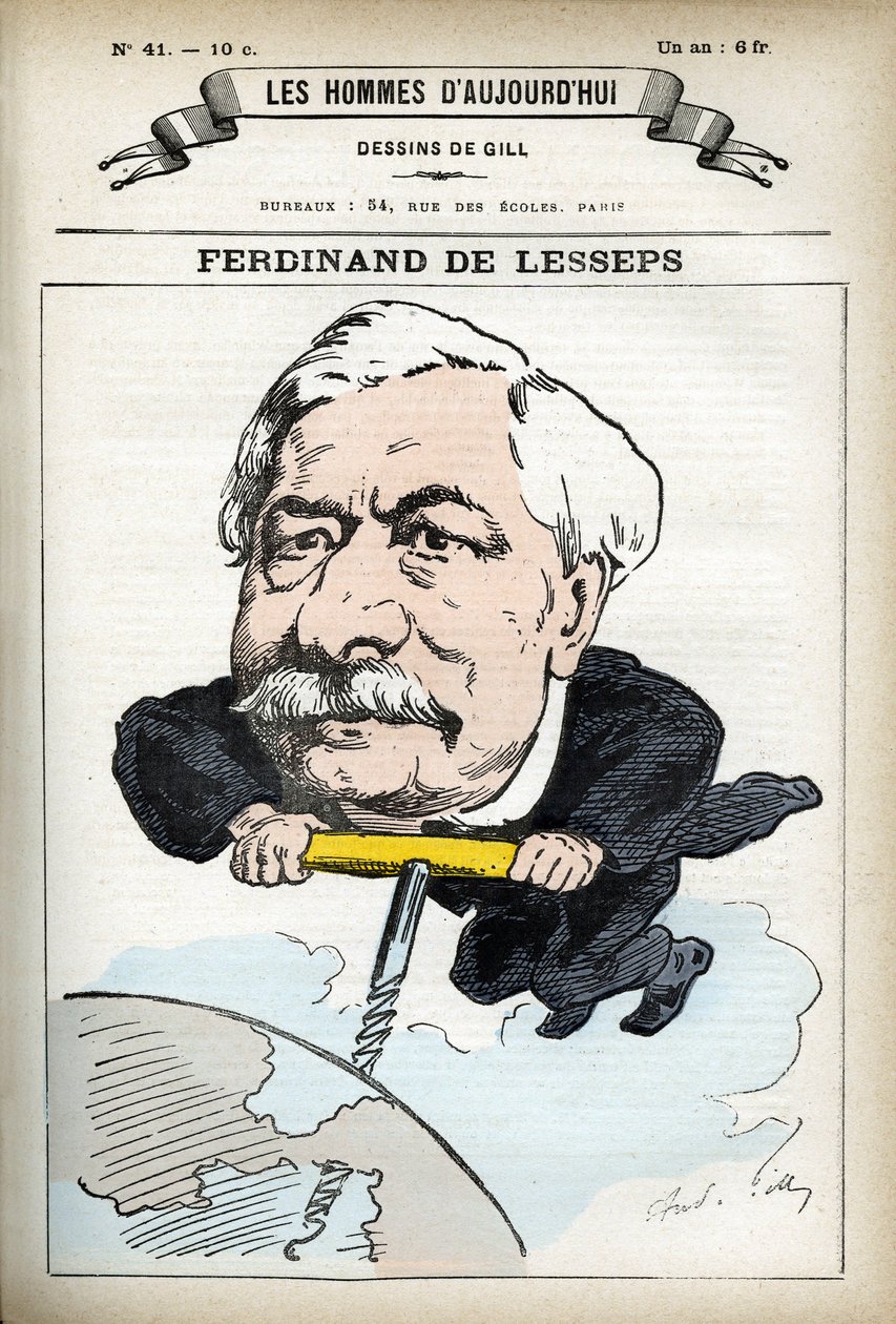 Portrait de Ferdinand de Lesseps (1805-1894), diplomate français. Caricature par Gill, dans « Les Hommes d
