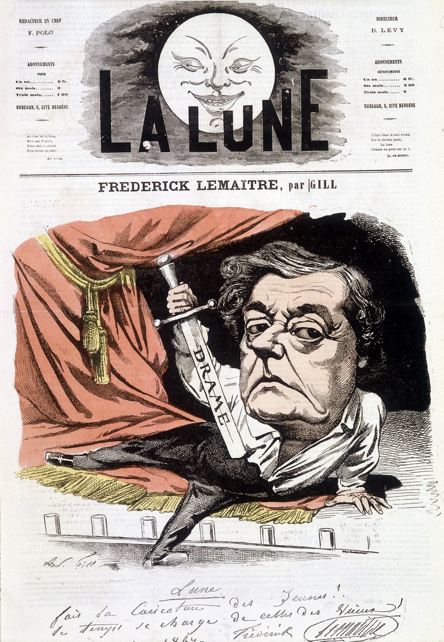Portrait de Frédérick Lemaître (1800-1876), acteur dramatique français. Caricature de Gill dans « La Lune », 16 juin - Andre Gill