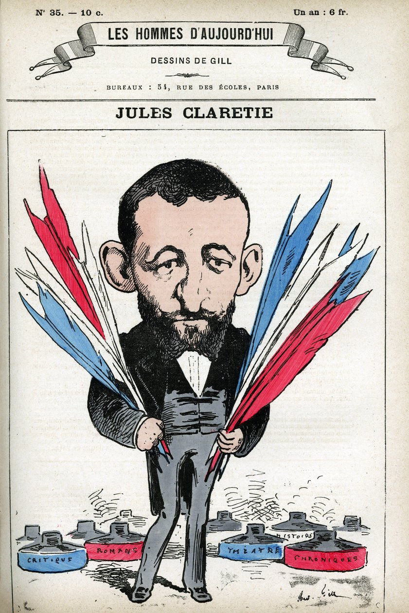 Portrait de Jules Claretie (1840-1913), romancier, dramaturge et critique français. Caricature par Gill, dans « Les Hommes d