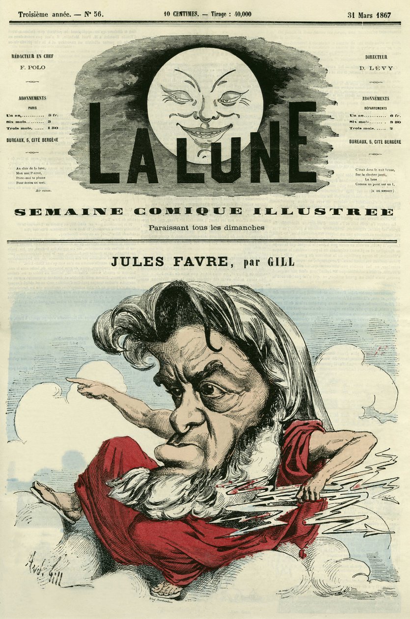 Portrait de Jules Favre (1809-1880), avocat et homme politique français. Caricature de Gill, dans "La Lune", 31 mars - Andre Gill