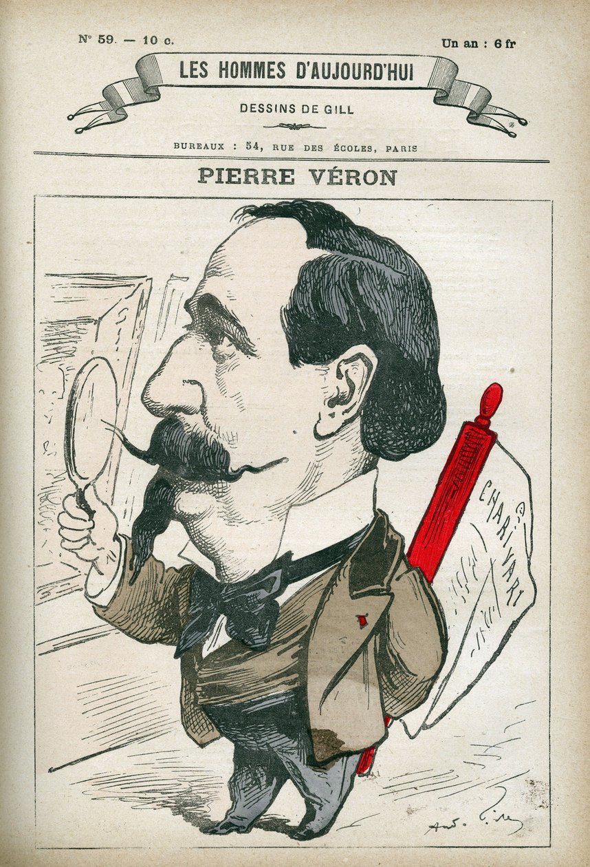 Portrait de Pierre Veron (1831-1900), écrivain et poète français. Caricature par Gill, Paris. - Andre Gill