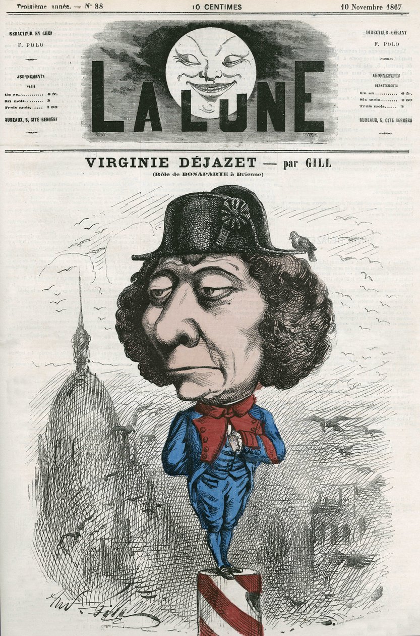 Portrait de Virginie Déjazet (1798-1875), actrice française dans le rôle de Bonaparte. Caricature de Gill, dans "La Lune", 10 novembre - Andre Gill