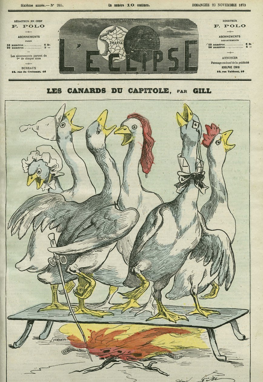 Les canards du Capitole, caricature des journaux « La Patrie », « Le Constitutionnel », « Le Pays », « Le Figaro », « L