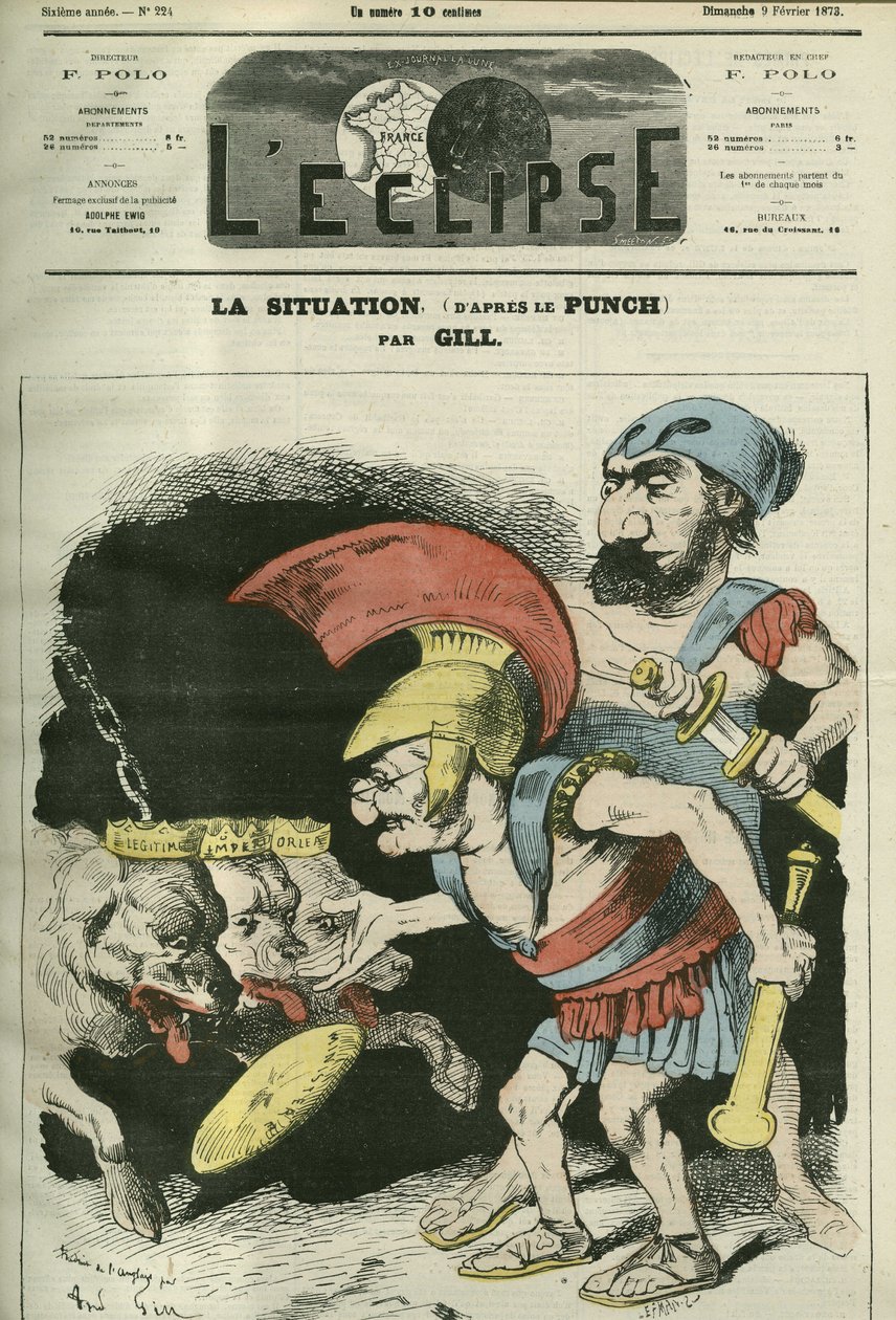 La situation, caricature par Adolphe Thiers (1797-1877) et Léon Gambetta (1838-1882) donnant un ministère aux chiens royalistes et bonapartistes. Couverture de « L