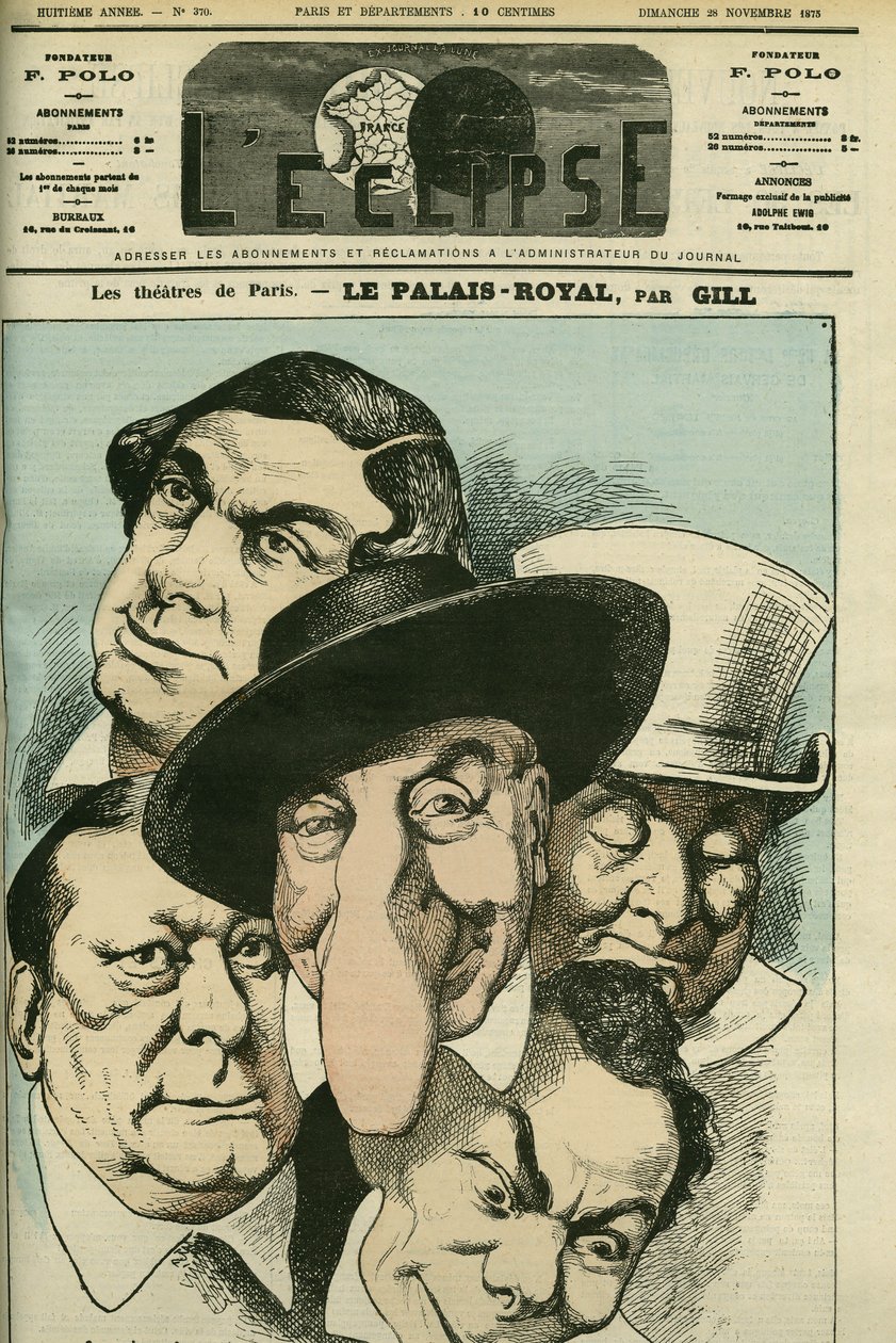 Le théâtre "Le Palais royal" avec Geoffroy, Jules Brasseur (1829-1890), Hyacinthe, Lassouche et Lheritier, acteurs français. Couverture de "L