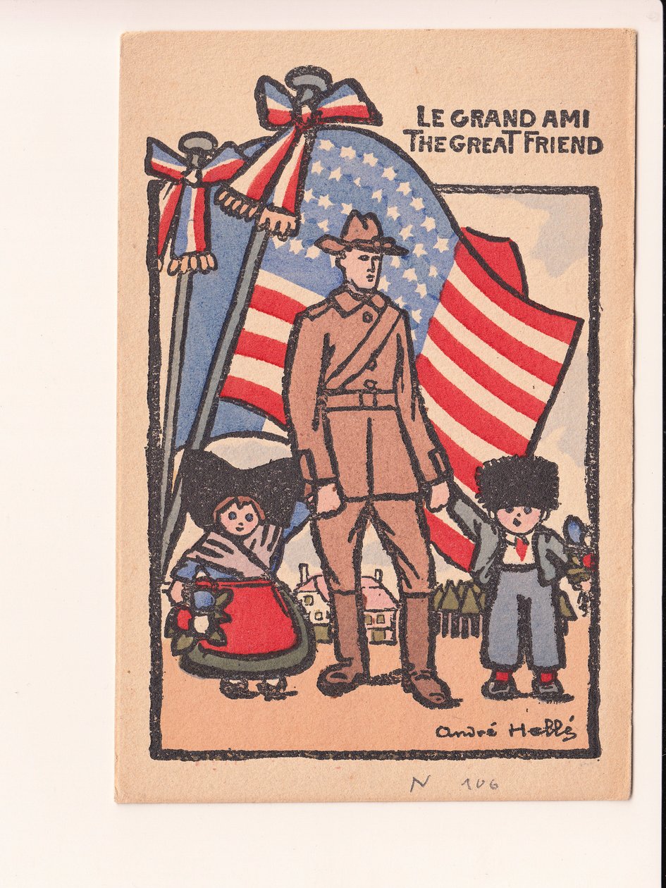 Carte postale, satirique en couleurs : Le grand ami - Guerre de 14-18, Amérique, Alsace Lorraine Illustration par André Hellé (1875-1945) - Andre Helle
