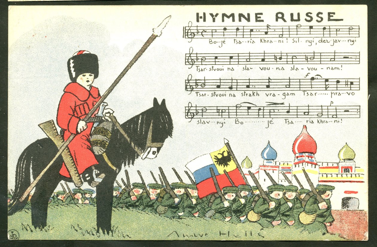 Carte postale satirique en couleurs : Hymne russe - Guerre de 14-18, Russie, Chant - Soldats Illustration par André Hellé (1875-1945) - Andre Helle