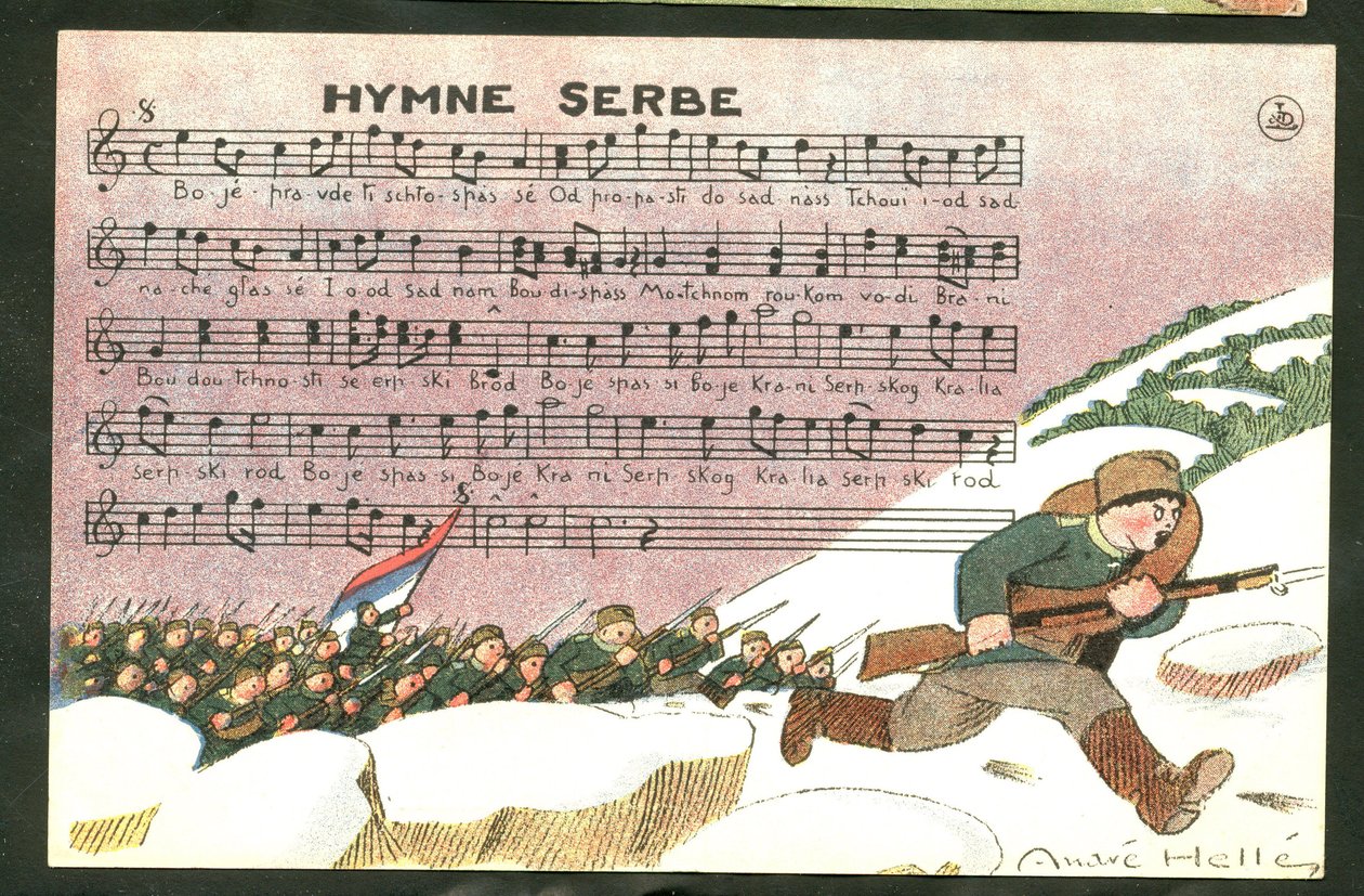 Carte postale satirique en couleurs : Hymne serbe - Guerre de 14-18, chanson, Serbie - Illustration de soldats par André Hellé (1875-1945) - Andre Helle