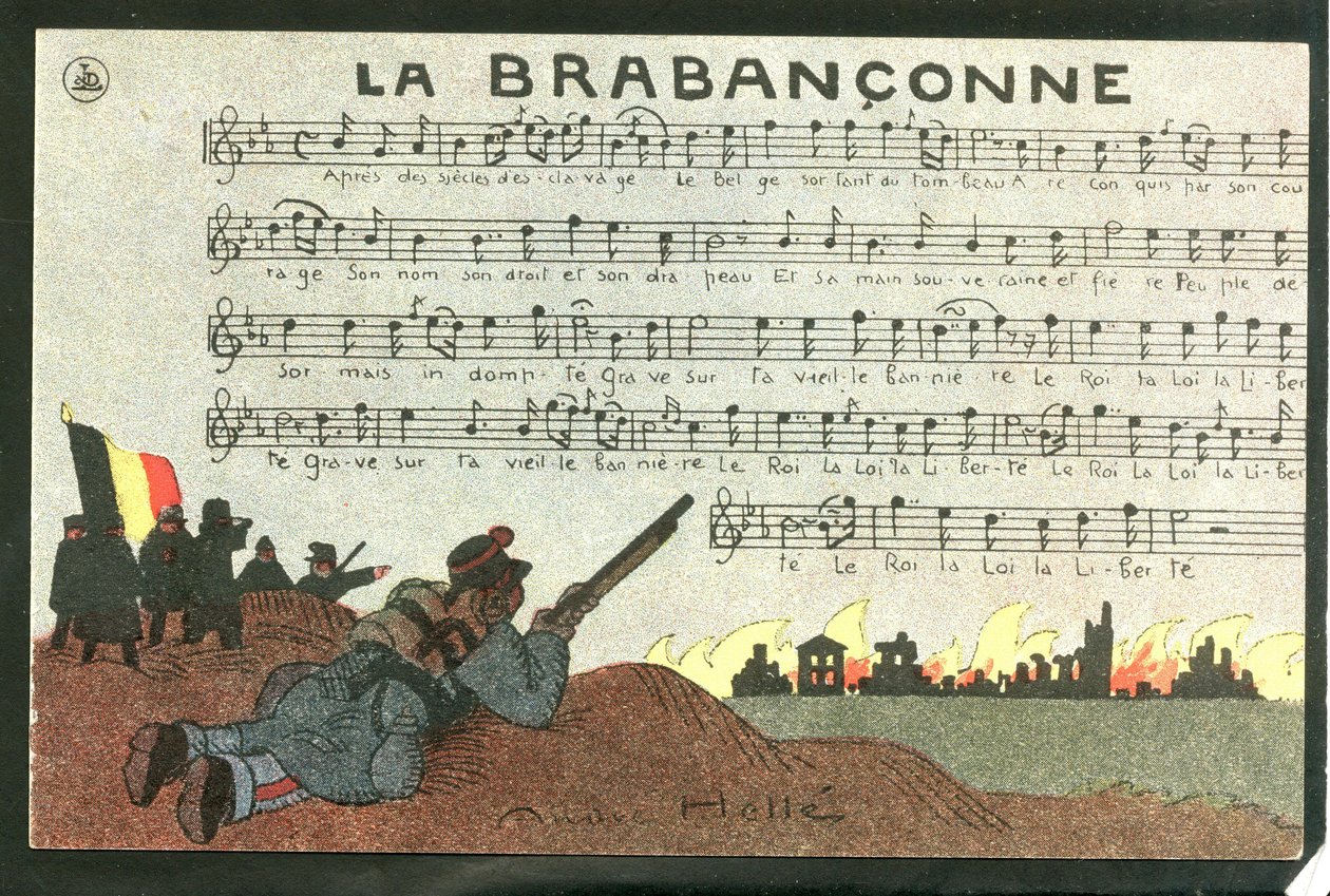 Carte postale, satirique en couleurs, vers 1915: La brabançonne - Guerre de 14-18, Belgique, Chant - Illustration de soldats par André Hellé (1875-1945) - Andre Helle