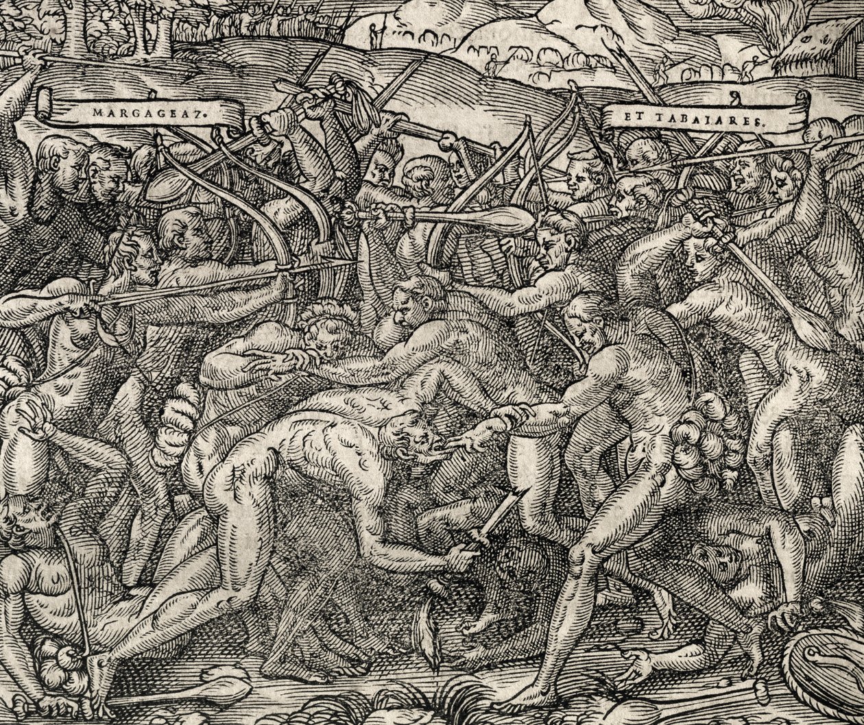 Bataille entre les tribus Margageaz et Tabajares, gravure de Cosmologie Universelle, par André Thevet - Andre Thevet