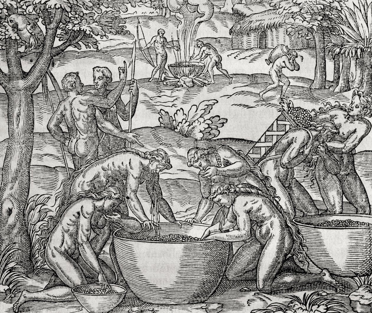 Cap de Frie, femmes préparant de la nourriture, gravure, Amérique du Sud - Andre Thevet