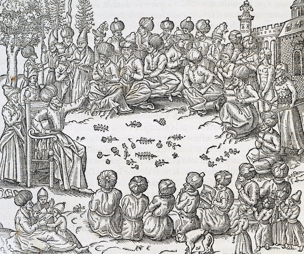 Rencontre entre Turcs et Arabes, Maroc, gravure de la Cosmologie Universelle, par André Thevet, Paris - Andre Thevet