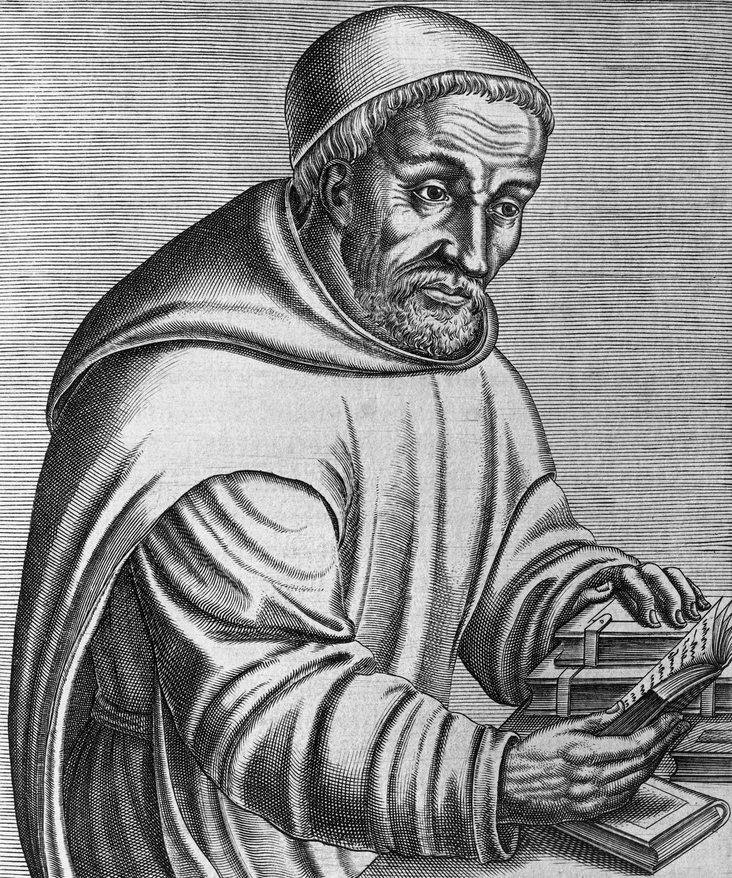 Portrait de Raban Maur Magnence (mort en 856), moine bénédictin et théologien allemand, gravure de Les vrais pourtraits et vies des hommes illustres grecs, latins et païens, par André Thevet - Andre Thevet